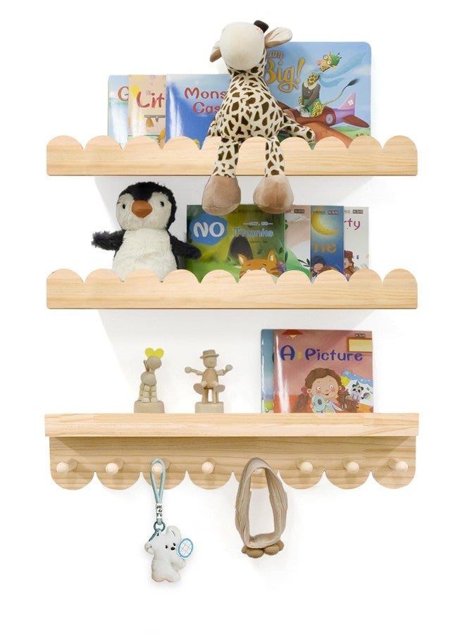icnjdMopclean Floating Nursery Book Shelves with Hooks-20Inches Scalloped Shelves for Bedroom Kids Set of 3, Nursery Bookshelf for Kids Room Decor, Natural, Large - Image 1